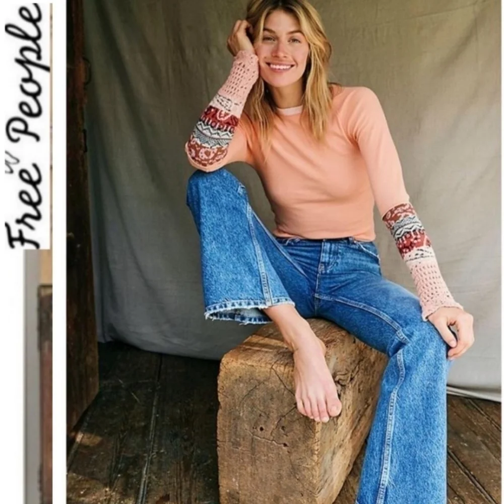 NWT Free People Mix Thermal Cuff Long Sleeve Top Y2K women boho